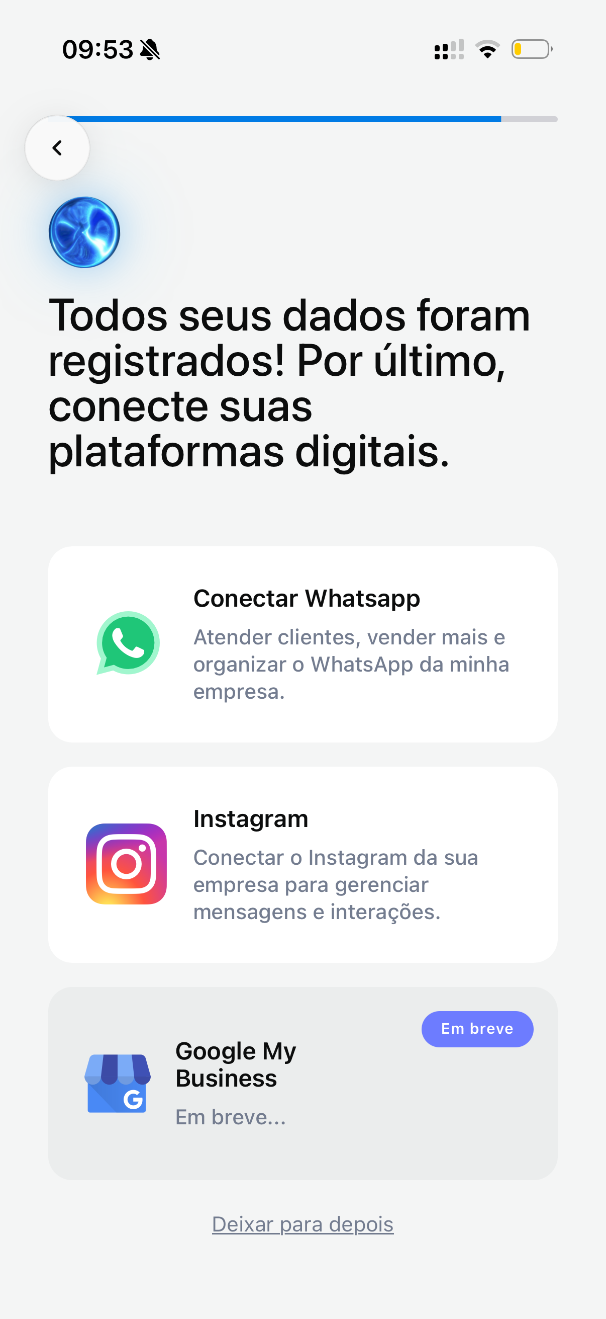Tela de conexão com Instagram